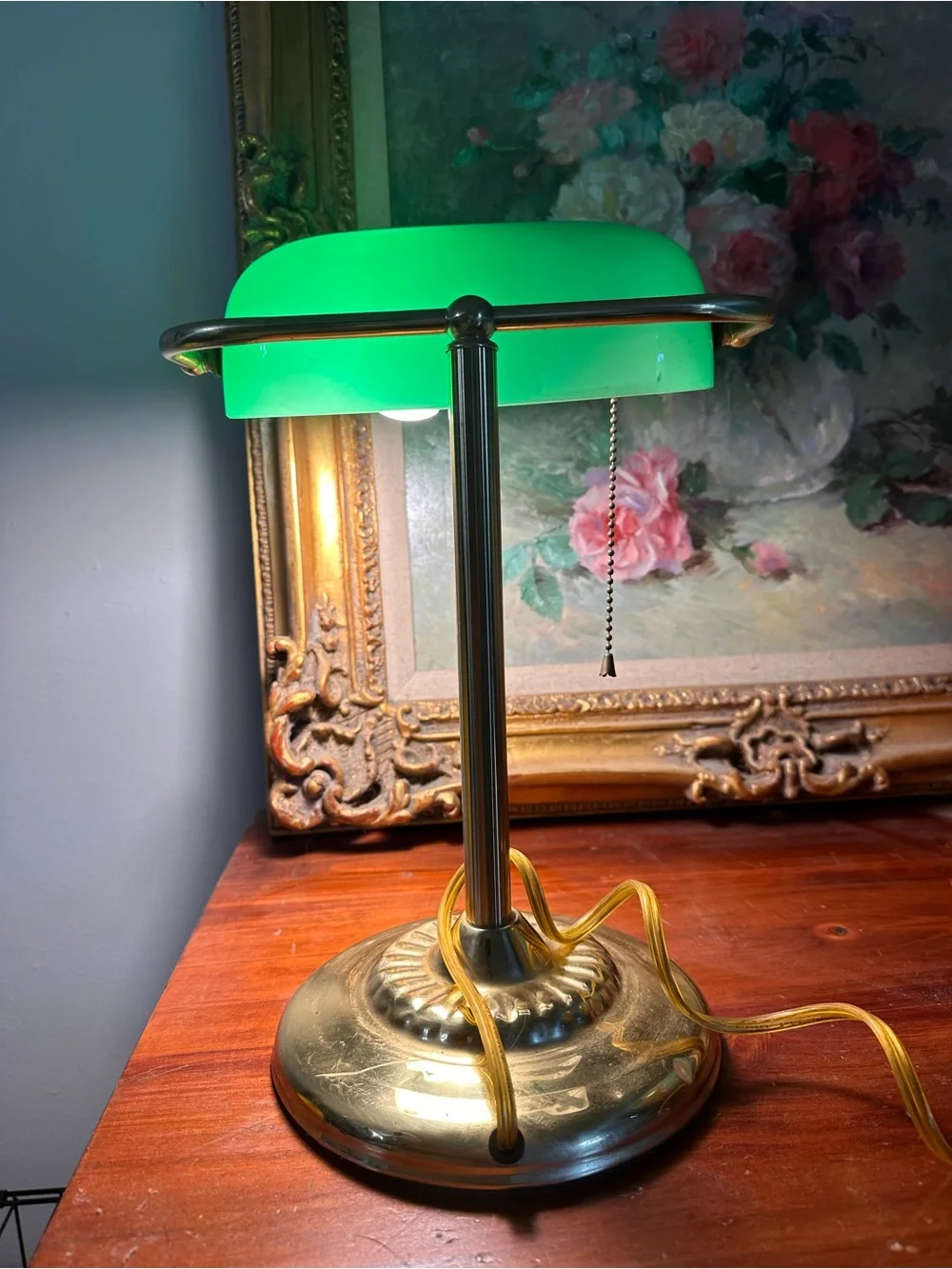 Vintage Green Glass and Brass Banker's Desk Lamp